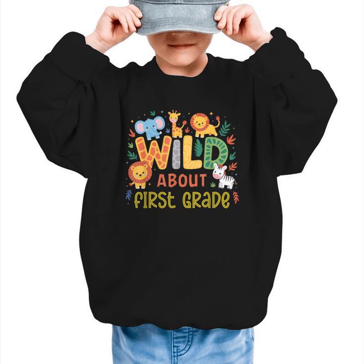Wild About First Grade Safari Jungle Animals Back To School Graphic Kid Sweatshirt