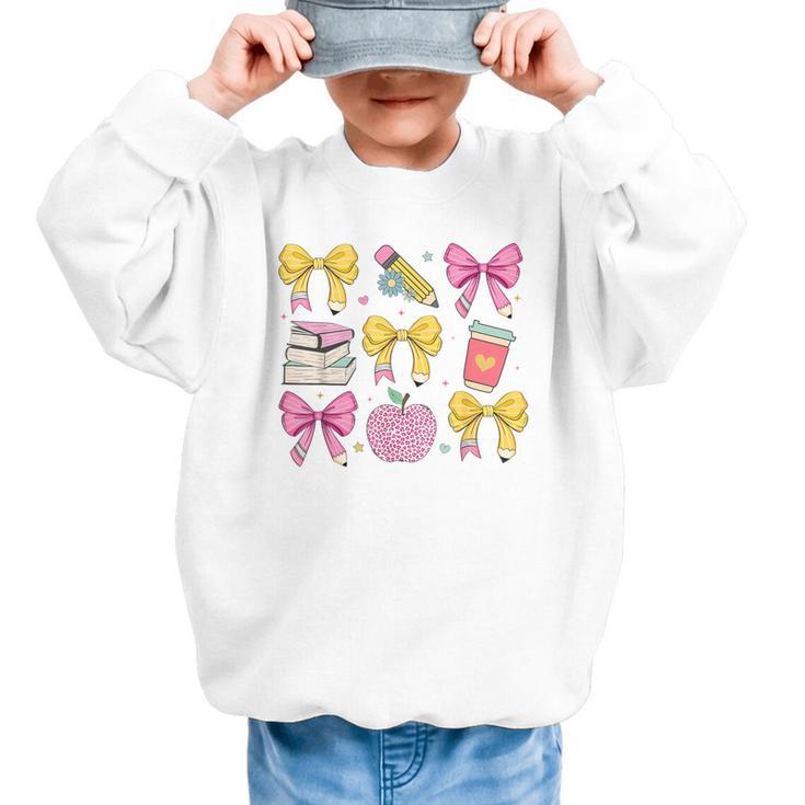 Apple Coquette Bow Books First Day Of School Back To School Graphic Kid Sweatshirt