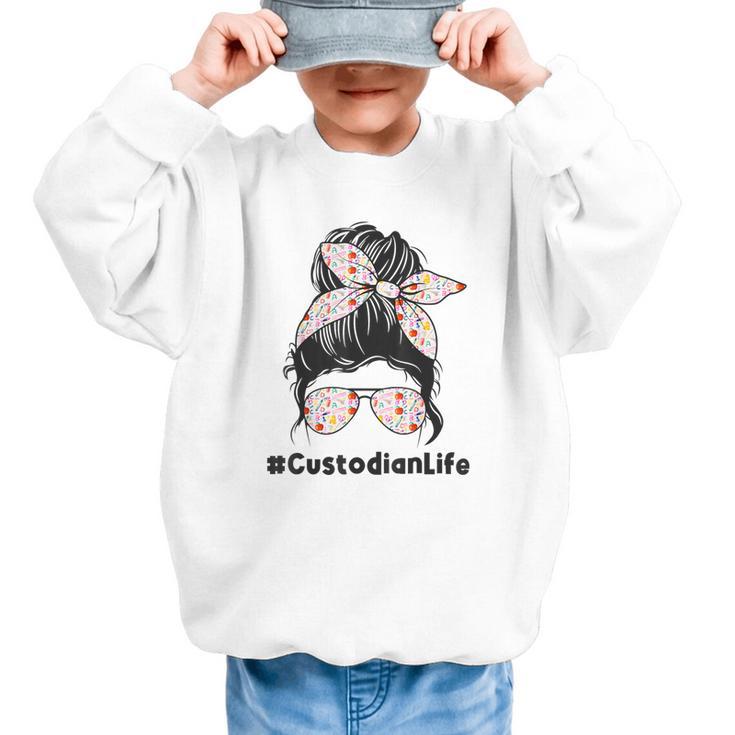 Custodian Life Messy Bun Hair Glasses Leopard Back To School Graphic Kid Sweatshirt