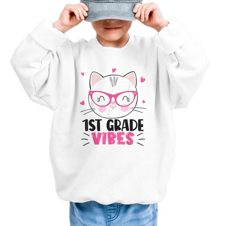 Cute 1st Grade Vibes Cat Kitten Lover Back To School Girls Graphic Kid Sweatshirt