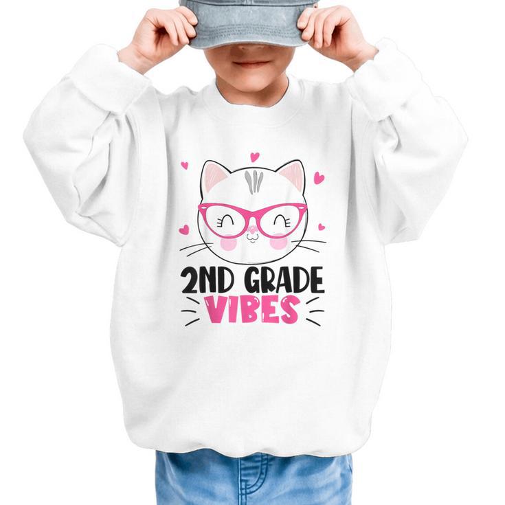 Cute 2nd Grade Vibes Cat Kitten Lover Back To School Girls Graphic Kid Sweatshirt