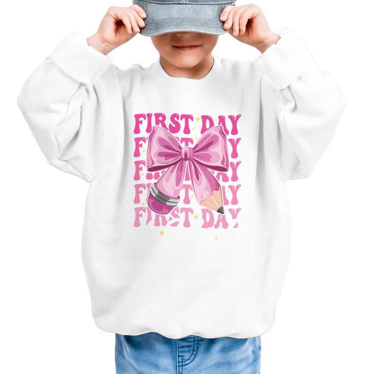 First Day Of School Girls Coquette Bow Back To School Performance Graphic Kid Sweatshirt