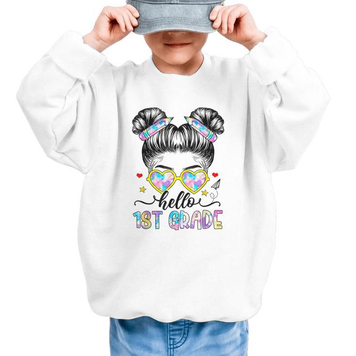 Hello 1st Grade Messy Bun Girl Back To School First Day Graphic Kid Sweatshirt