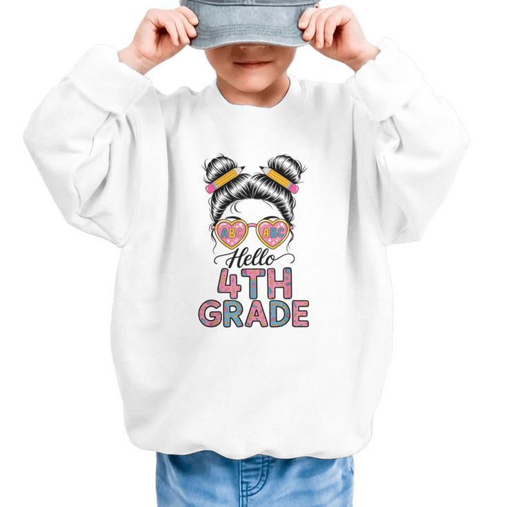 Hello 4th Grade Messy Bun Hair Back To School Girls Graphic Kid Sweatshirt