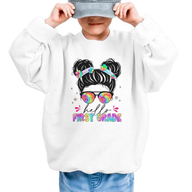 Hello First Grade Shirt Messy Bun Tie Dye Back To School Graphic Kid Sweatshirt