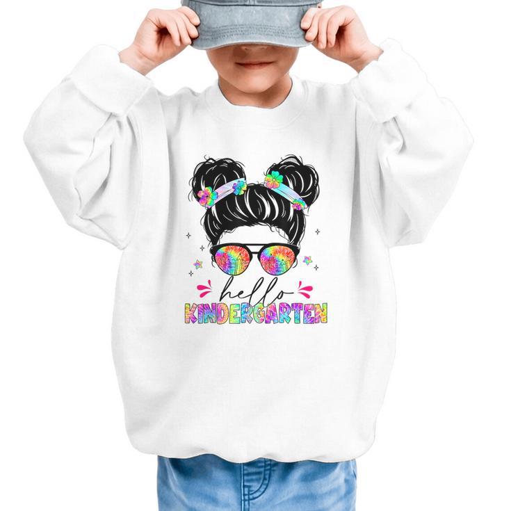 Hello Kindergarten Shirt Messy Bun Tie Dye Back To School Graphic Kid Sweatshirt
