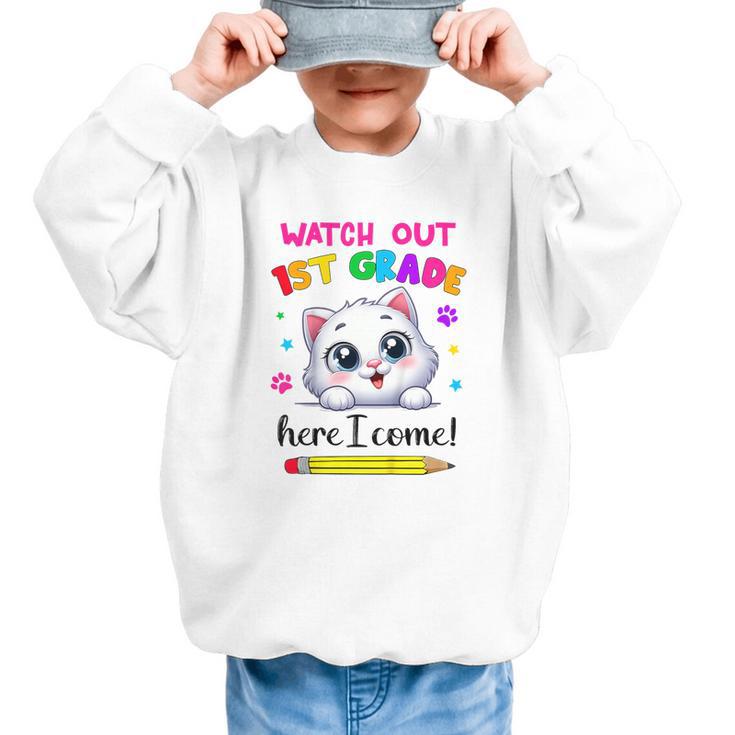 Kids Watch Out 1st Grade Here I Come Girls Cat Back To School Graphic Kid Sweatshirt