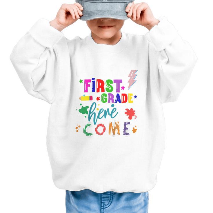 Kids Watch Out First Grade Here I Come 1st Grade Back To School Graphic Kid Sweatshirt