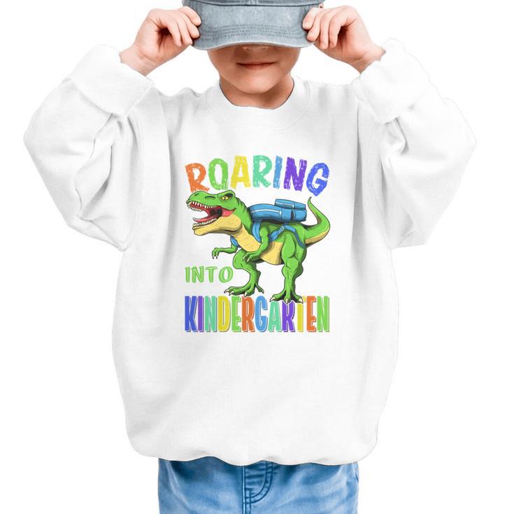 Roaring Into Kindergarten Dinosaur T Rex Back To School Boys Performance Graphic Kid Sweatshirt