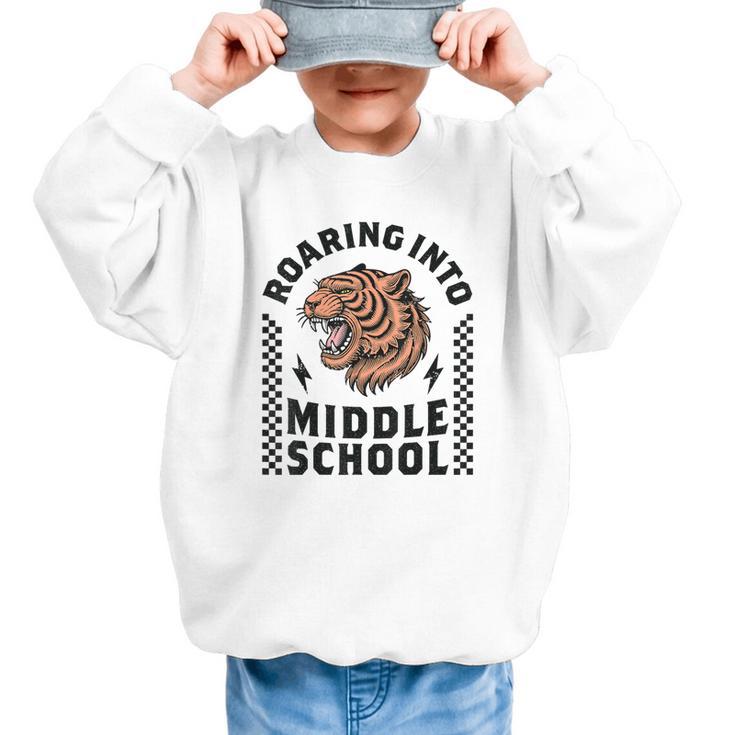 Roaring Into Middle School Tiger Back To School Boy Girl Kid Graphic Kid Sweatshirt