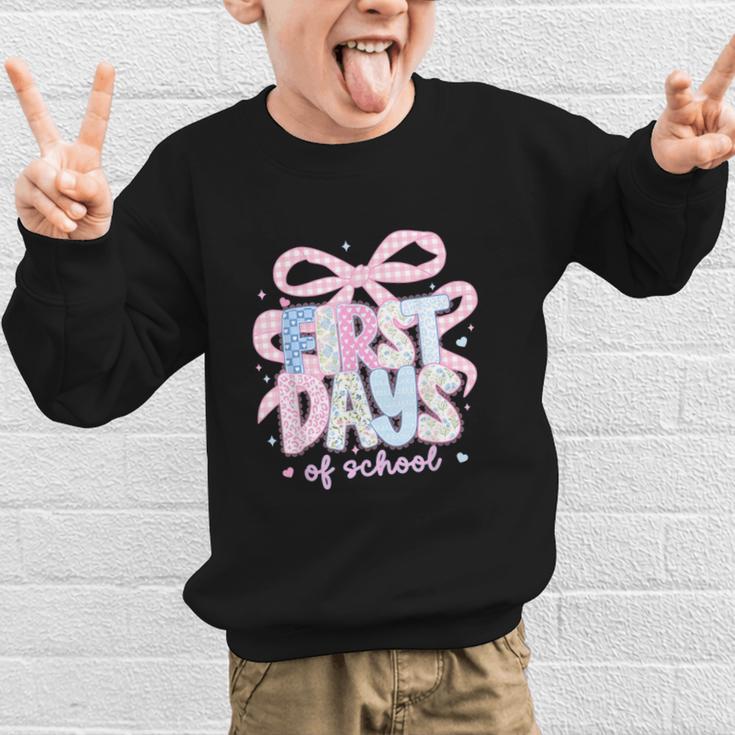 Coquette Bow Happy First Day Of School Back To School Retro Graphic Kid Sweatshirt Coquette Bow Happy First Day Of School Back To School Retro Graphic Kid Sweatshirt