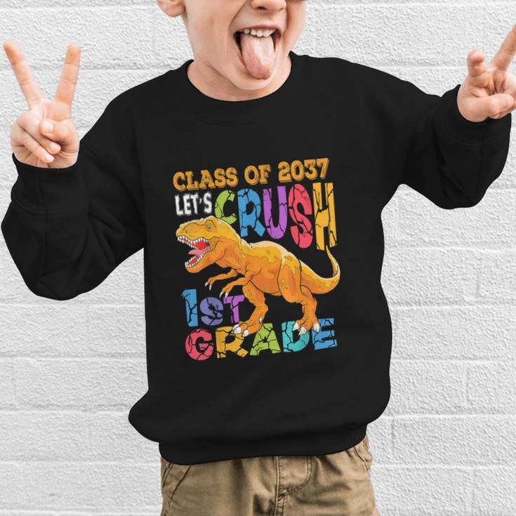 Crush 1st Grade Dinosaur Back To School Class Of 2037 Boy Graphic Kid Sweatshirt Crush 1st Grade Dinosaur Back To School Class Of 2037 Boy Graphic Kid Sweatshirt