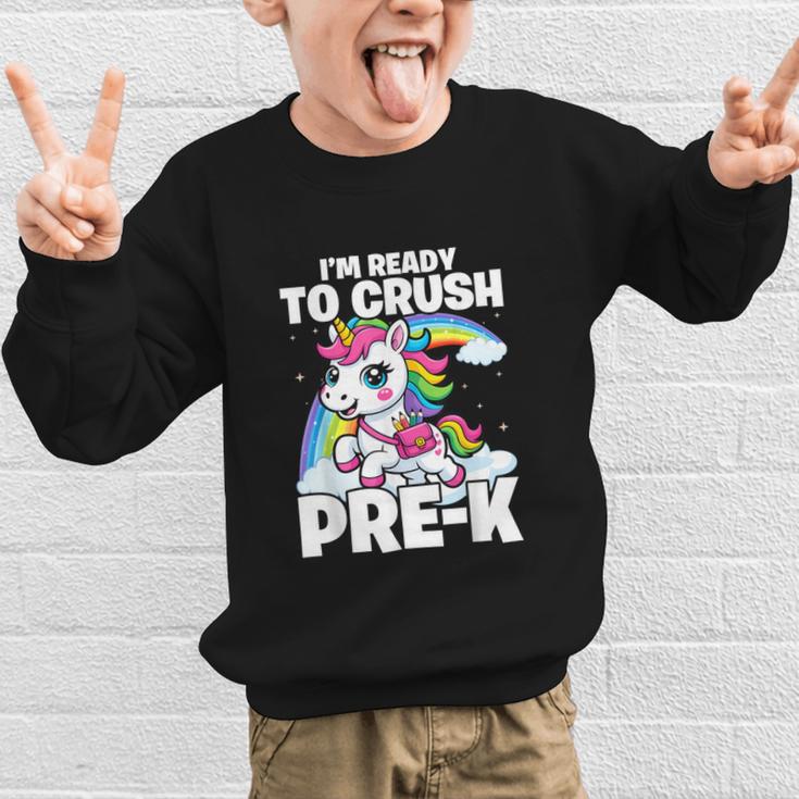 Crush Pre-K Girls Back To School Unicorn First Day Preschool Graphic Kid Sweatshirt Crush Pre-K Girls Back To School Unicorn First Day Preschool Graphic Kid Sweatshirt
