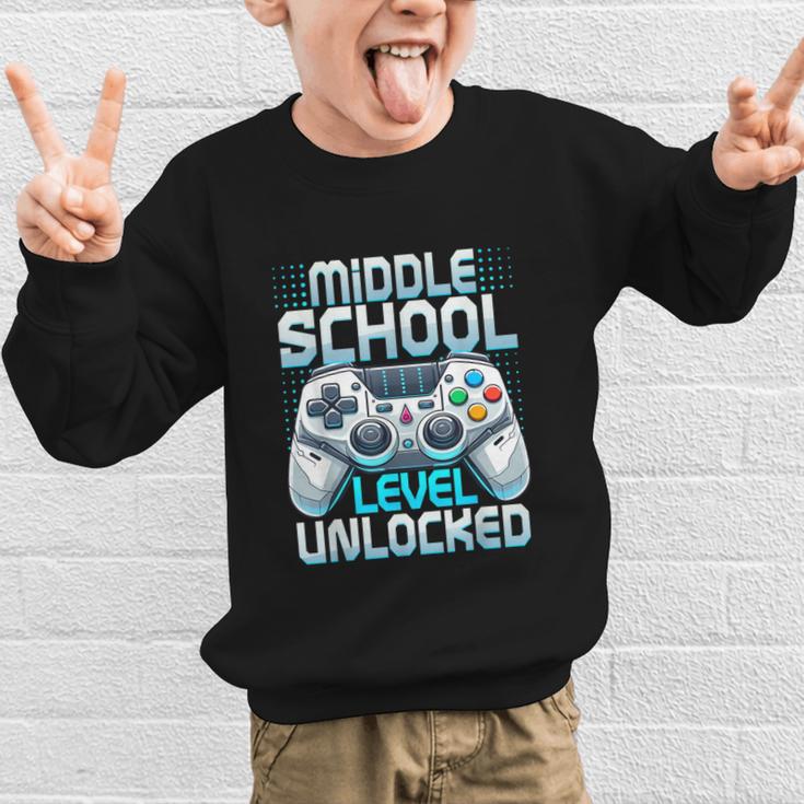 First Day Of Middle School Level Unlocked Back To School Graphic Kid Sweatshirt First Day Of Middle School Level Unlocked Back To School Graphic Kid Sweatshirt
