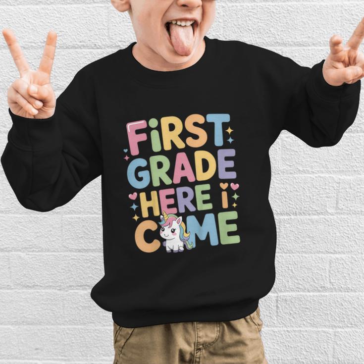 First Grade Here I Come Unicorn Back To School Graphic Kid Sweatshirt First Grade Here I Come Unicorn Back To School Graphic Kid Sweatshirt