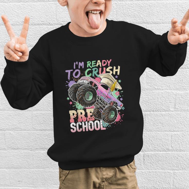 Girls Monster Trucks Ready To Crush Preschool Back To School Graphic Kid Sweatshirt Girls Monster Trucks Ready To Crush Preschool Back To School Graphic Kid Sweatshirt