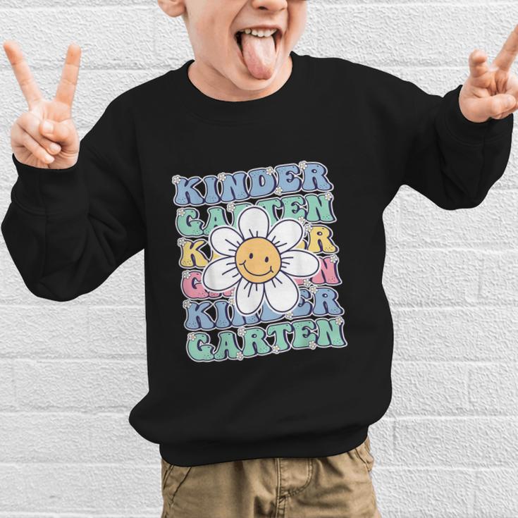 Groovy Kindergarten Back To School First Day Of Kindergarten Graphic Kid Sweatshirt Groovy Kindergarten Back To School First Day Of Kindergarten Graphic Kid Sweatshirt