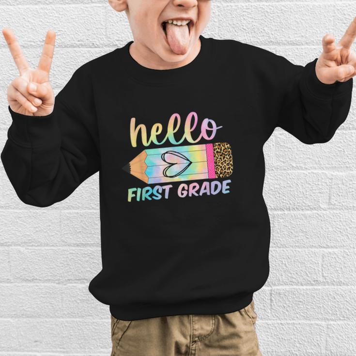 Hello First Grade Back To School Pencil Tie Dye 1st Grade Graphic Kid Sweatshirt Hello First Grade Back To School Pencil Tie Dye 1st Grade Graphic Kid Sweatshirt