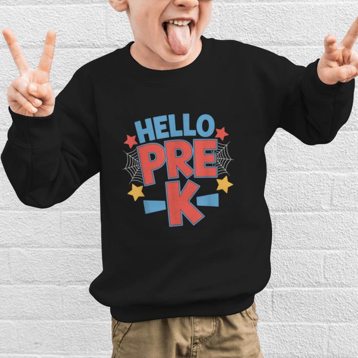 Hello Pre-K Preschool Squad Spider Back To School First Day Graphic Kid Sweatshirt Hello Pre-K Preschool Squad Spider Back To School First Day Graphic Kid Sweatshirt