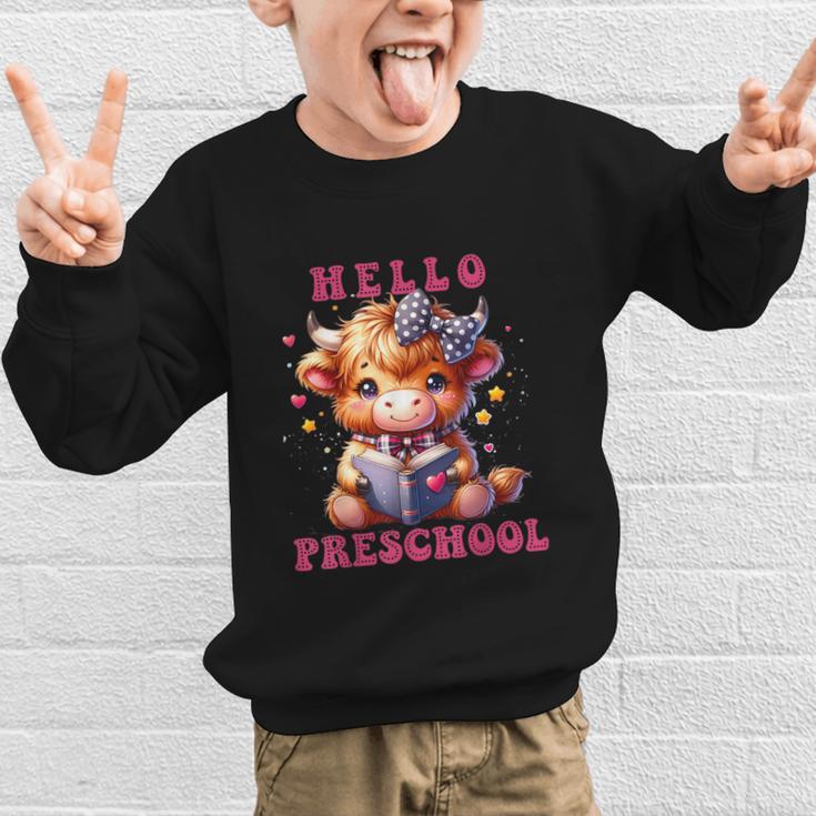 Hello Preschool Cute Highland Cow Lover Back To School Graphic Kid Sweatshirt Hello Preschool Cute Highland Cow Lover Back To School Graphic Kid Sweatshirt