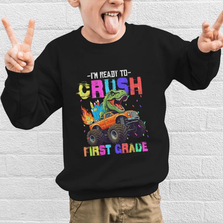 I'm Ready To Crush First Grade Dinosaur Truck Back To School Graphic Kid Sweatshirt I'm Ready To Crush First Grade Dinosaur Truck Back To School Graphic Kid Sweatshirt