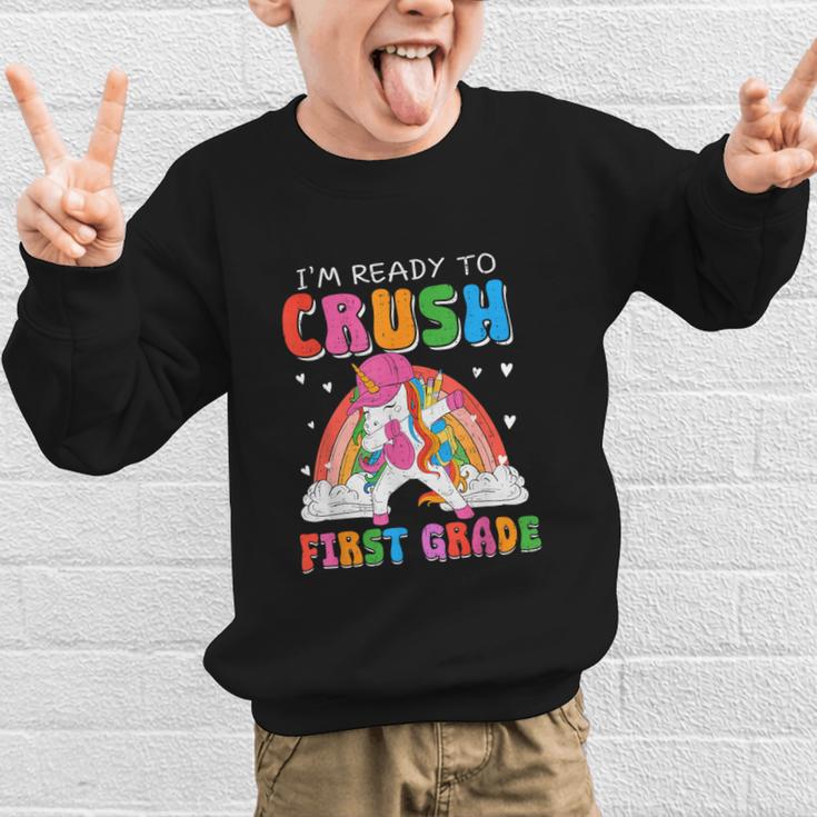 I'm Ready To Crush First Grade Unicorn Back To School Girls Graphic Kid Sweatshirt I'm Ready To Crush First Grade Unicorn Back To School Girls Graphic Kid Sweatshirt