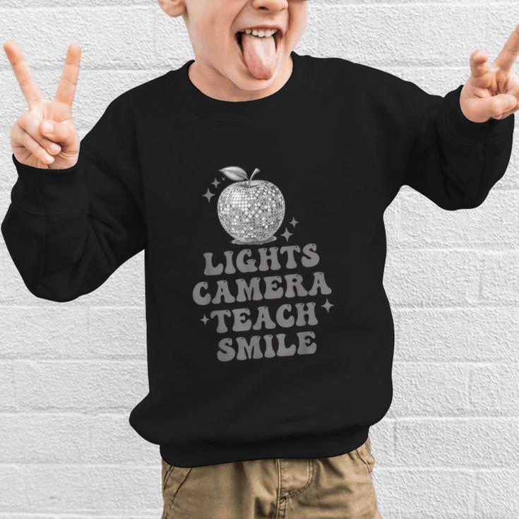 Lights Camera Teach Smile Disco-Ball Back To School Outfit Graphic Kid Sweatshirt