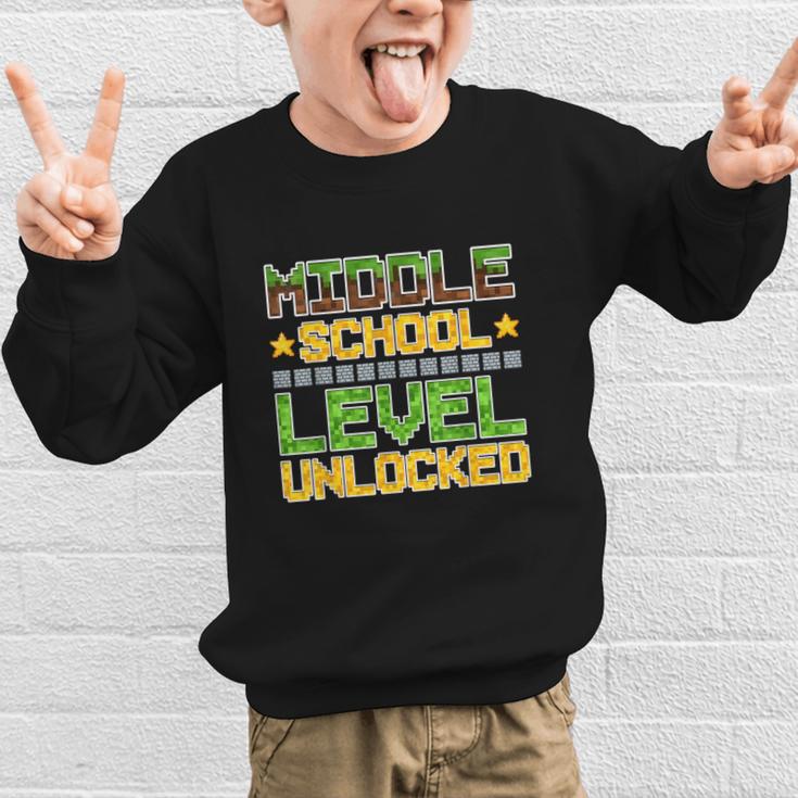 Middle School Level Unlocked Gamer Back To School Graphic Kid Sweatshirt Middle School Level Unlocked Gamer Back To School Graphic Kid Sweatshirt