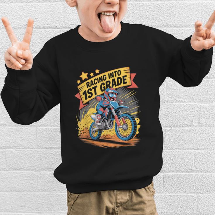 Motocross Dirt Bike Back To School Racing Into 1st Grade Graphic Kid Sweatshirt Motocross Dirt Bike Back To School Racing Into 1st Grade Graphic Kid Sweatshirt
