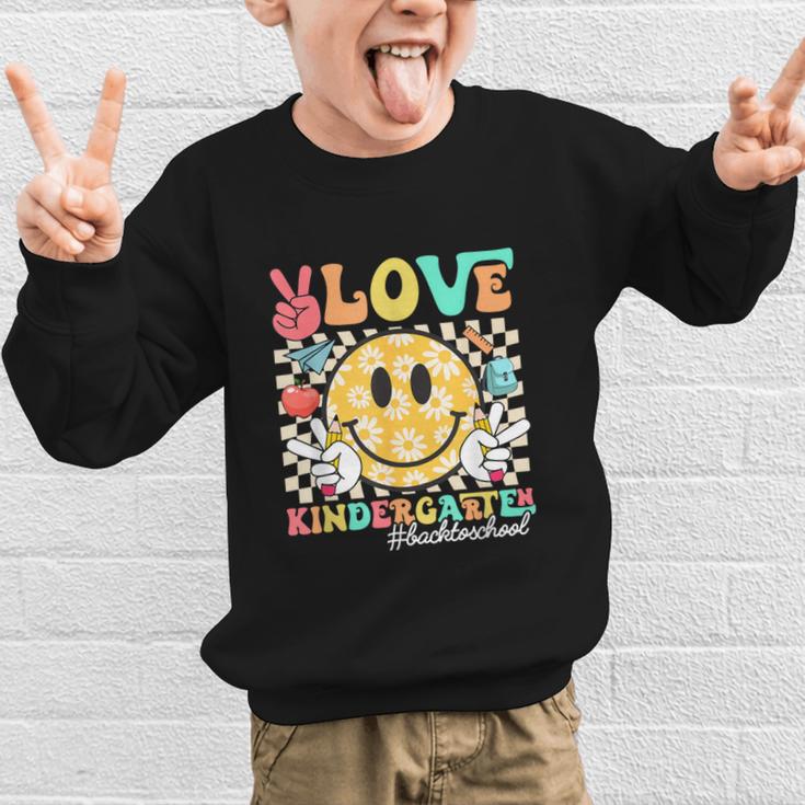 Peace Love Kindergarten Smile Face Back To School Girls Kids Graphic Kid Sweatshirt Peace Love Kindergarten Smile Face Back To School Girls Kids Graphic Kid Sweatshirt