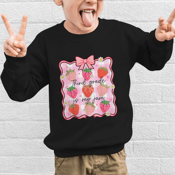 Preppy Back To School 3rd Grade Is My Jam Strawberry Bow Graphic Kid Sweatshirt Preppy Back To School 3rd Grade Is My Jam Strawberry Bow Graphic Kid Sweatshirt