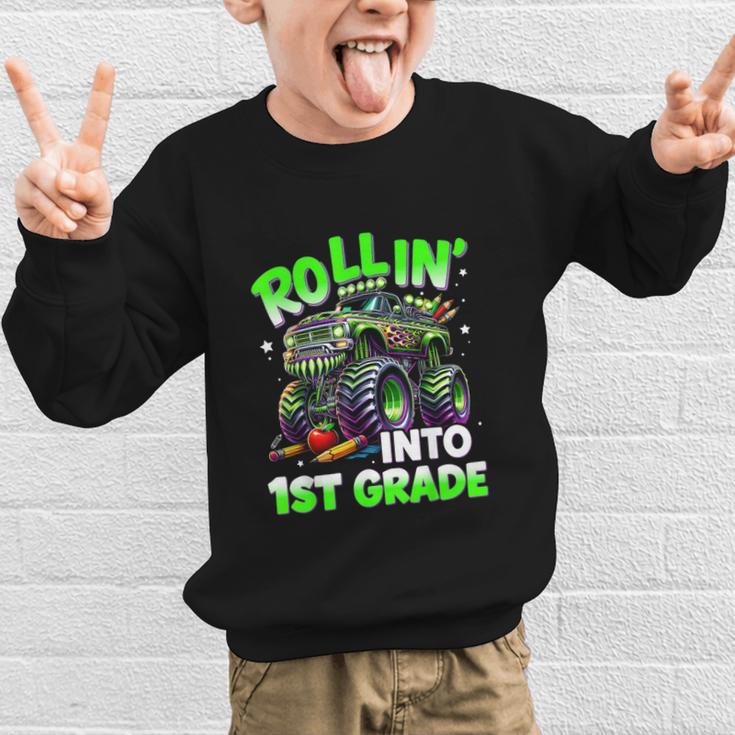 Rollin' Into 1st Grade Monster Truck Back To School Boys Graphic Kid Sweatshirt Rollin' Into 1st Grade Monster Truck Back To School Boys Graphic Kid Sweatshirt