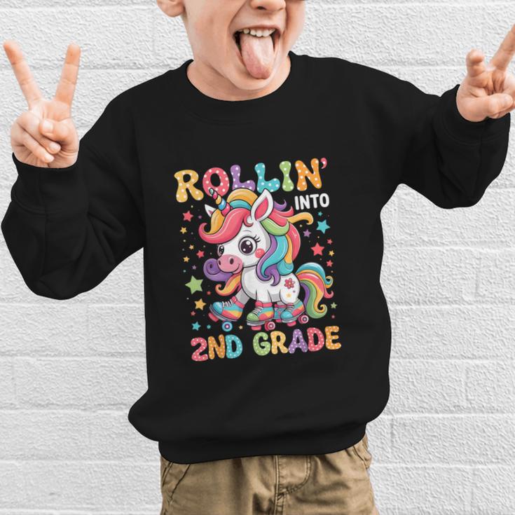 Second Grade Back To School First Day Girls Rollin Unicorn Graphic Kid Sweatshirt