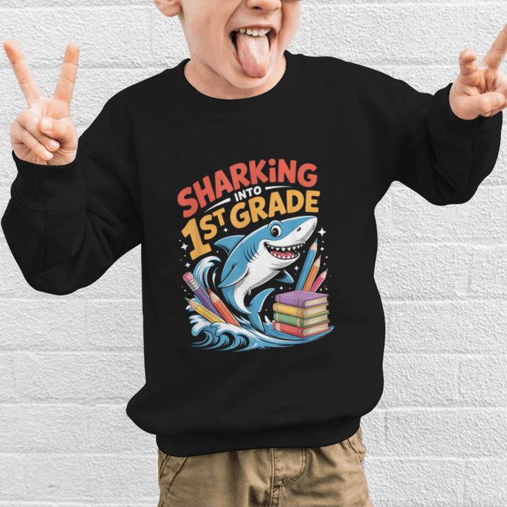 Sharking Into 1st Grade Back To School Shark Graphic Kid Sweatshirt