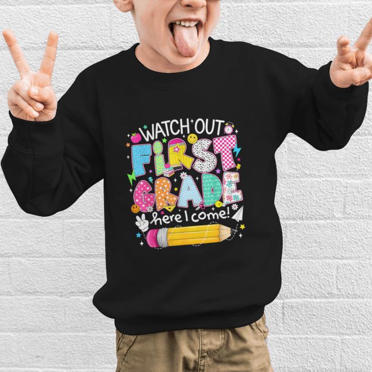 Watch Out First Grade Here I Come Back To School Boy Kids Graphic Kid Sweatshirt Watch Out First Grade Here I Come Back To School Boy Kids Graphic Kid Sweatshirt
