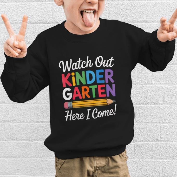 Watch Out Kindergarten Here I Come Back To School Kids Graphic Kid Sweatshirt Watch Out Kindergarten Here I Come Back To School Kids Graphic Kid Sweatshirt