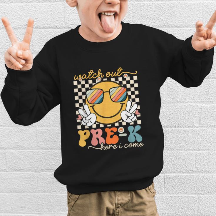 Watch Out Pre-K Grade Here I Come Back To School Pre-K Smile Graphic Kid Sweatshirt Watch Out Pre-K Grade Here I Come Back To School Pre-K Smile Graphic Kid Sweatshirt