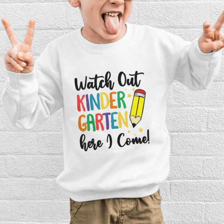 Back To School Kids Watch Out Kindergarten Here I Come Graphic Kid Sweatshirt Back To School Kids Watch Out Kindergarten Here I Come Graphic Kid Sweatshirt