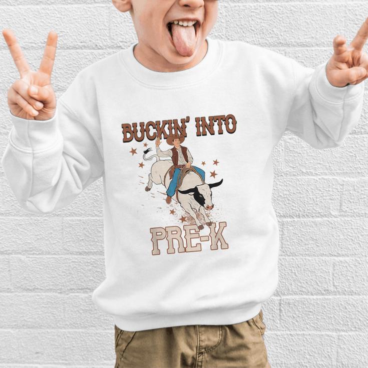 Buckin' Into Pre-K Back To School Cowboy Western Graphic Kid Sweatshirt Buckin' Into Pre-K Back To School Cowboy Western Graphic Kid Sweatshirt
