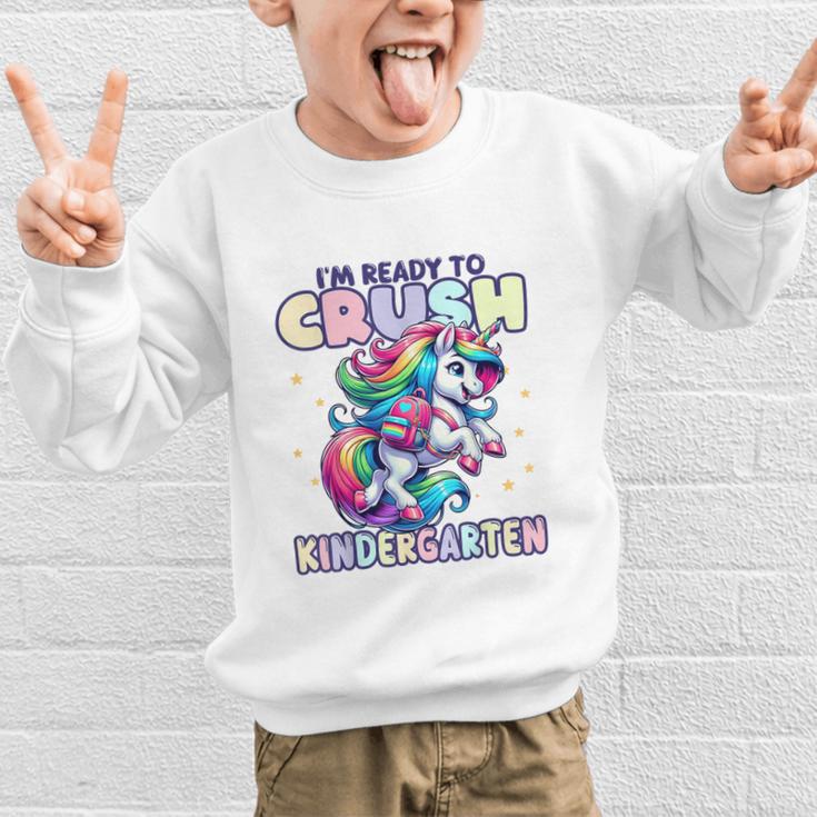 Crush Kindergarten Girls Back To School Unicorn First Day Graphic Kid Sweatshirt Crush Kindergarten Girls Back To School Unicorn First Day Graphic Kid Sweatshirt