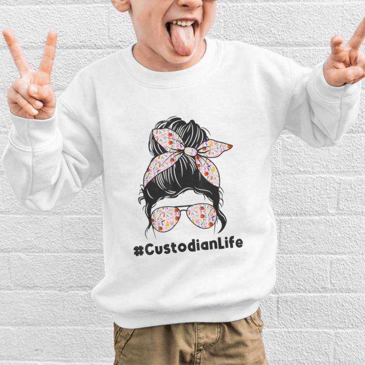 Custodian Life Messy Bun Hair Glasses Leopard Back To School Graphic Kid Sweatshirt Custodian Life Messy Bun Hair Glasses Leopard Back To School Graphic Kid Sweatshirt