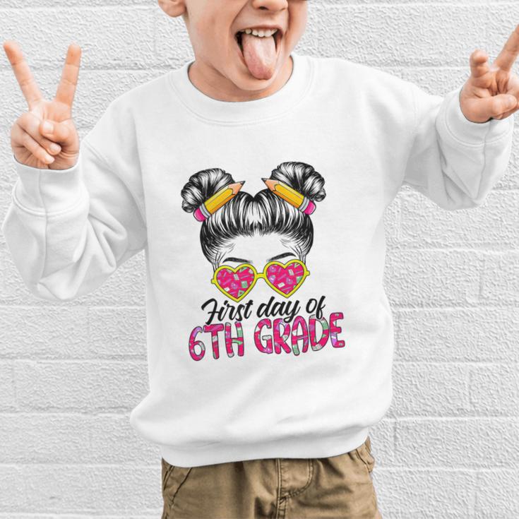 First Day Of 6th Grade Messy Hair Bun Girl Back To School Graphic Kid Sweatshirt First Day Of 6th Grade Messy Hair Bun Girl Back To School Graphic Kid Sweatshirt