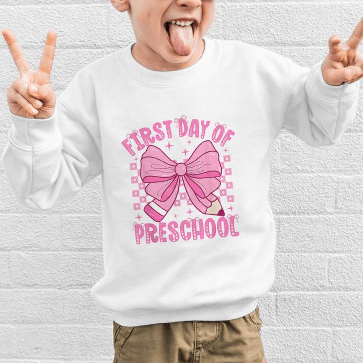 First Day Of Preschool Coquette Bow Back To School Girls Graphic Kid Sweatshirt First Day Of Preschool Coquette Bow Back To School Girls Graphic Kid Sweatshirt