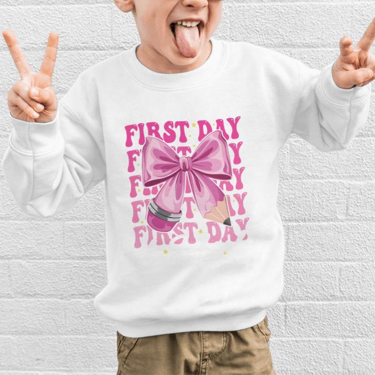 First Day Of School Girls Coquette Bow Back To School Performance Graphic Kid Sweatshirt First Day Of School Girls Coquette Bow Back To School Performance Graphic Kid Sweatshirt
