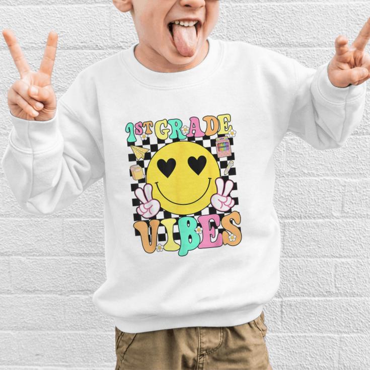 Girls 1st Grade Vibes Smile Face Back To School First Grade Graphic Kid Sweatshirt