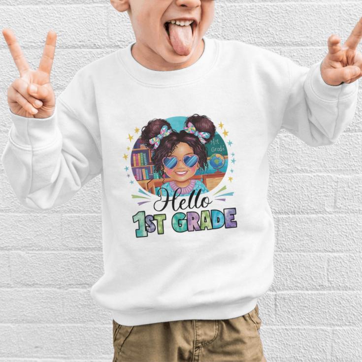 Hello 1st Grade Girl Back To School Kids Boys Girls Graphic Kid Sweatshirt Hello 1st Grade Girl Back To School Kids Boys Girls Graphic Kid Sweatshirt