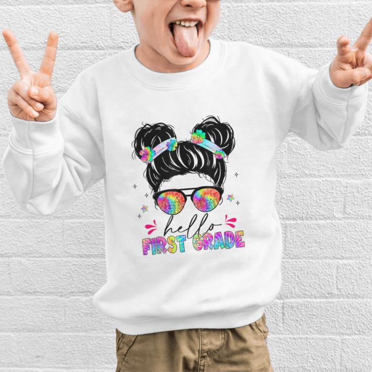 Hello First Grade Shirt Messy Bun Tie Dye Back To School Graphic Kid Sweatshirt Hello First Grade Shirt Messy Bun Tie Dye Back To School Graphic Kid Sweatshirt