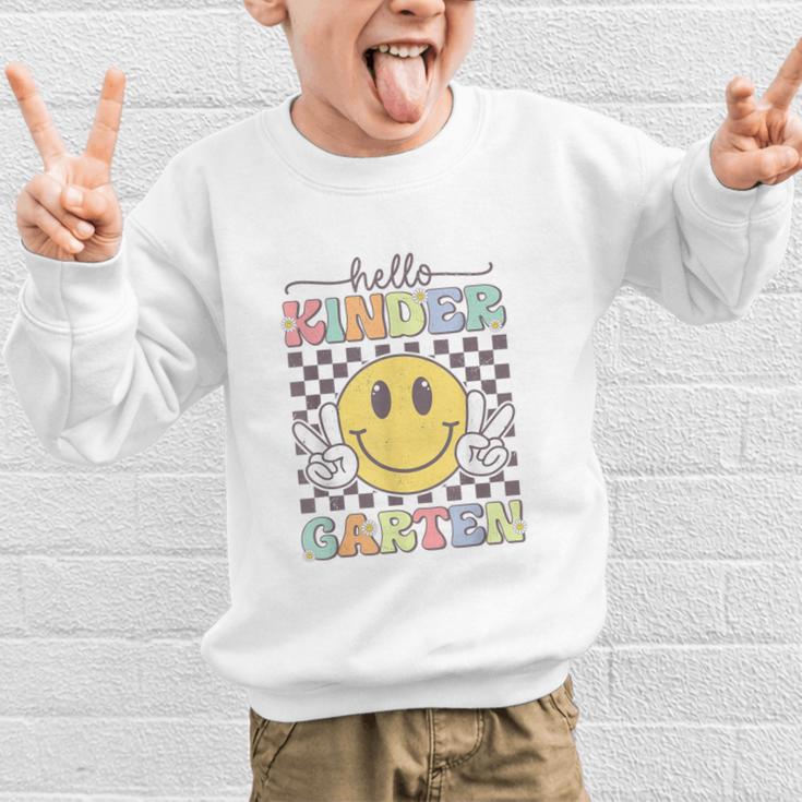 Hello Kindergarten Hippie Smile Face Back To School Graphic Kid Sweatshirt Hello Kindergarten Hippie Smile Face Back To School Graphic Kid Sweatshirt