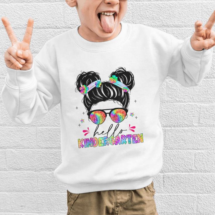 Hello Kindergarten Shirt Messy Bun Tie Dye Back To School Graphic Kid Sweatshirt Hello Kindergarten Shirt Messy Bun Tie Dye Back To School Graphic Kid Sweatshirt