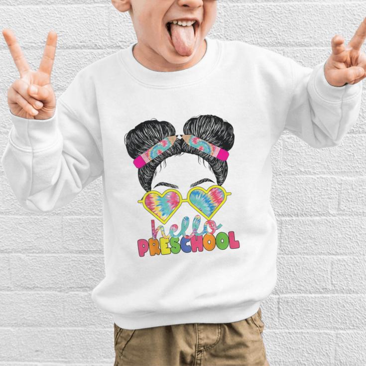 Hello Preschool Messy Bun Tie Dye Back To School Girls Kids Graphic Kid Sweatshirt